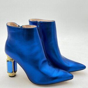 FSJ Blue Women Chic Pointed Toe Crystal Chunky Block High Heel Ankle Boots